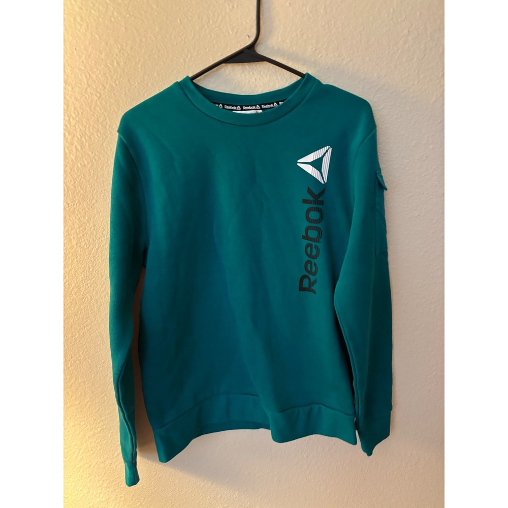 Reebok Boys Teal Green Graphic Logo Crewneck Sweatshirt Sleeve Pocket S 18 A1176